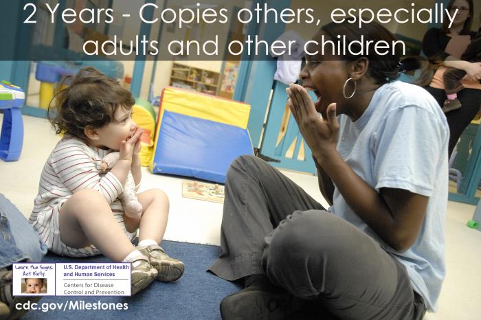 Copies others, especially adults and older children