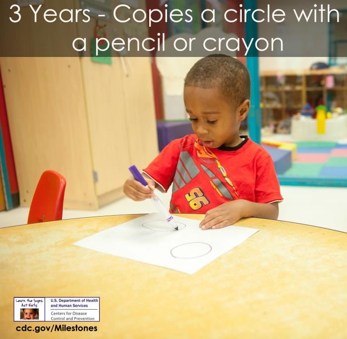 Copies a circle with pencil or crayon