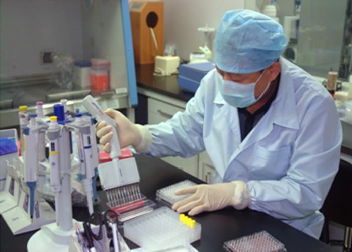 a laboratory technician performing hemagglutination inhibition (HI) testing